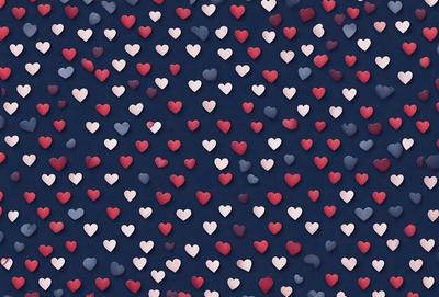 The primary subject of the image is a pattern of hearts, which are scattered across a blue background. The hearts come in various sizes and are arranged in a visually appealing manner. The visual style of the image is a combination of digital art and illustration, creating a unique and eye-catching design. The dominant colors in the image are blue and red, which contribute to a warm and inviting atmosphere.