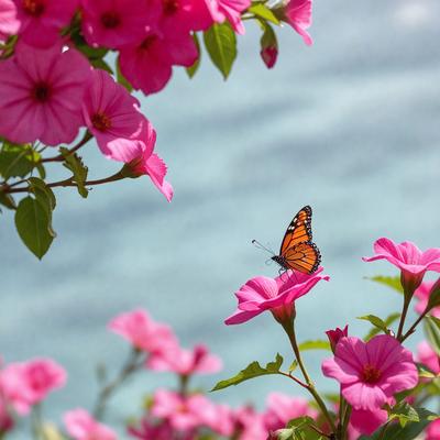 The primary subject of the image is a butterfly perched on a pink flower. The setting is a garden with a blue background, and the visual style is a photo. The dominant colors are pink and blue, creating a serene and peaceful atmosphere.