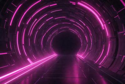 The primary subject of the image is a tunnel with a pink lighting effect. The tunnel appears to be a futuristic, neon-lit passage, and the lighting creates a unique atmosphere. The setting is a dark environment, and the visual style is a combination of photo and digital art. The dominant colors are pink and purple, creating a vibrant and futuristic mood.