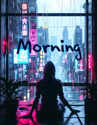 The primary subject of the image is a person sitting on a bench, looking out a window. The setting is a cityscape with a view of a city skyline. The visual style is a digital art or illustration, creating a vibrant and lively atmosphere. The colors and mood are predominantly pink and blue, giving the scene a warm and inviting feel.