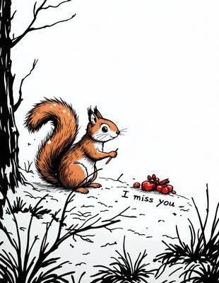 The primary subject of the image is a brown squirrel sitting on a snow-covered ground. The setting is a snowy forest, with trees in the background. The visual style is a black and white drawing, giving the image a classic and timeless appearance. The dominant colors are white and brown, creating a serene and wintry atmosphere.