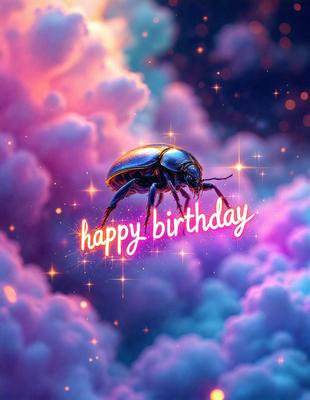 Happy Birthday: [The main object, scene, or focus of the image is a colorful birthday card with a blue bug or caterpillar on it, set against a backdrop of a colorful, swirling, and cloudy sky.]

The image is a digital art or illustration, featuring a happy birthday message with a unique and colorful design. The main subject is a blue bug or caterpillar, which adds a playful and creative touch to the card. The