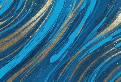 The primary subject of the image is a blue and gold ocean wave. The setting is a blue background, and the visual style appears to be a digital art or illustration. The dominant colors are blue and gold, creating a serene and calming atmosphere.