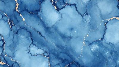 The primary subject of the image is a blue and gold painting of a blue and white marble-like surface. The setting is a blue and white marble-like surface, and the visual style is a painting. The dominant colors are blue and gold, creating a serene and calming atmosphere.
