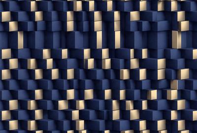 The primary subject of the image is a blue and gold patterned background. The setting is a blue and gold checkered pattern, which creates a visually appealing and unique design. The visual style of the image is a combination of digital art and illustration, as it features a complex and intricate pattern. The colors and mood of the image are predominantly blue and gold, giving it a warm and inviting atmosphere.
