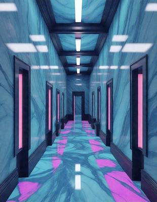 The primary subject of the image is a hallway with a blue and purple color scheme. The setting is a long, narrow hallway with a patterned floor. The visual style is a digital art or illustration, creating a unique and vibrant atmosphere. The dominant colors are blue and purple, which contribute to the overall mood of the scene.