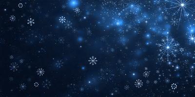 The primary subject of the image is a night sky filled with a multitude of snowflakes. The setting is a dark, starry night, with the snowflakes scattered throughout the sky. The visual style is a digital art or illustration, creating a beautiful and serene atmosphere. The colors and mood are predominantly blue and white, with the snowflakes adding a touch of sparkling white.