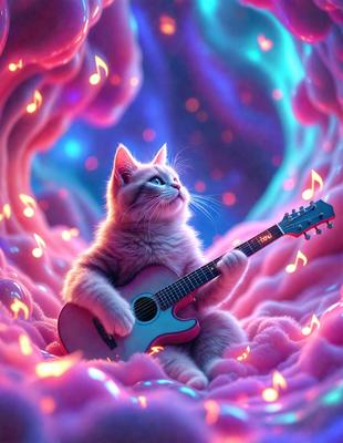 The primary subject of the image is a cat sitting on a guitar. The cat appears to be playing the guitar, creating a whimsical and playful scene. The setting is a pink background, which adds a vibrant and lively atmosphere to the image. The visual style is a combination of photo and digital art, creating a unique and eye-catching scene. The dominant colors are pink and purple, which contribute to the overall mood of the image, making it feel warm, inviting, and fun.