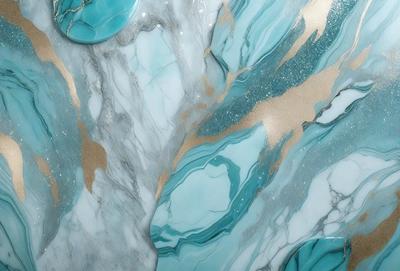 The primary subject of the image is a marble-like pattern with a blue and gold color scheme. The setting is a marble-like surface, possibly a wall or a countertop. The visual style appears to be a combination of digital art and illustration, creating a unique and eye-catching design. The dominant colors are blue and gold, giving the pattern a luxurious and elegant appearance.