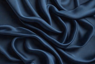 The primary subject of the image is a blue fabric, which appears to be a piece of cloth or a curtain. The setting is a dark room, and the visual style is a close-up of the blue fabric. The colors and mood of the image are predominantly dark and moody, with the blue fabric being the main focus.