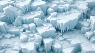 The primary subject of the image is a large, icy mountain with a blue tint. The mountain is covered in ice and has a few jagged edges. The setting is a snowy landscape, and the visual style is a digital art or illustration. The dominant colors are blue and white, creating a cold and icy atmosphere.