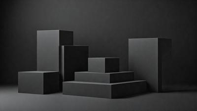 The primary subject of the image is a set of four black boxes, arranged in a square formation. The setting is a dark background, which contrasts with the black boxes, creating a striking visual effect. The visual style of the image is a combination of photo and digital art, as the black boxes appear to be three-dimensional and have a slightly textured appearance. The overall atmosphere of the image is dramatic and mysterious, with the black boxes serving as the focal point.