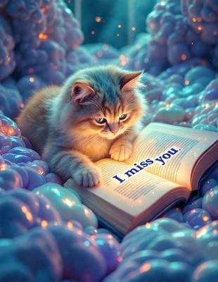 The primary subject of the image is a small cat sitting on a book. The setting is a bed, with a blue and white color scheme. The visual style is a digital art illustration, featuring a cat with a blue and white color scheme. The mood of the image is calm and cozy, as the cat appears to be enjoying its time on the book.