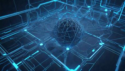 The primary subject of the image is a large, blue, geometric sphere. The setting is a dark, blue background with a network of lines and shapes surrounding the sphere. The visual style is a combination of digital art and illustration, creating a futuristic and intricate design. The colors and mood of the image are predominantly dark and moody, with the blue hue of the sphere and the surrounding lines and shapes creating a sense of depth and complexity.