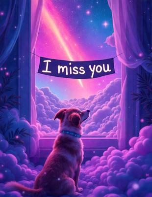 The primary subject of the image is a dog sitting in front of a window. The setting is a purple sky, which creates a unique and whimsical atmosphere. The visual style is a digital art or illustration, giving the image a creative and imaginative appearance. The dominant colors are purple and pink, which contribute to the overall mood of the scene.