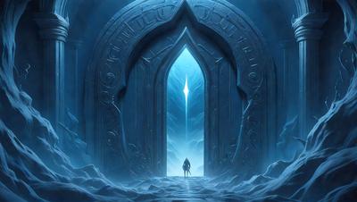 The primary subject of the image is a person standing in front of a large, blue, stone archway. The setting is a snowy environment, with the person standing in the snow. The visual style of the image is digital art, as it appears to be a digital illustration or drawing. The dominant colors in the image are blue and white, creating a cold and icy atmosphere.