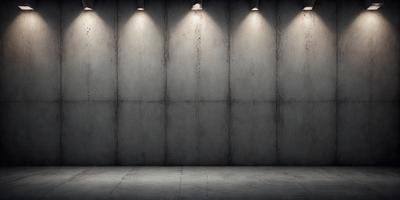 The primary subject of the image is a large, empty room with a concrete wall. The setting is a dark room with a single light source, which is shining brightly on the wall. The visual style is a black and white photo, giving the image a classic and dramatic appearance. The colors and mood of the image are predominantly dark, with the bright light source creating a stark contrast against the otherwise dimly lit room.