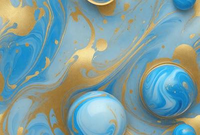 The primary subject of the image is a blue vase with gold accents, which is placed on a blue surface. The setting appears to be a creative and artistic environment, possibly a studio or an art gallery. The visual style of the image is a combination of photo and digital art, creating a unique and eye-catching display. The dominant colors in the image are blue and gold, giving the scene a sense of elegance and sophistication.