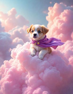 The primary subject of the image is a small dog sitting on top of a pink cloud. The setting is a whimsical, dreamy environment with a purple cape on the dog, giving it a superhero-like appearance. The visual style is a combination of photo and digital art, creating a unique and imaginative scene. The dominant colors are pink and purple, giving the image a warm and cheerful atmosphere.