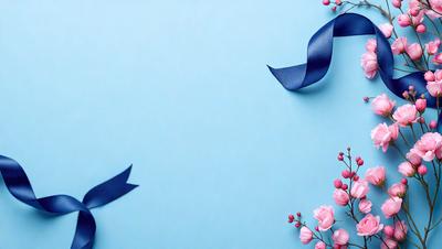 The primary subject of the image is a blue ribbon with a pink flower design. The ribbon is attached to a blue wall, creating a visually appealing and unique decoration. The setting is a blue wall, which serves as the perfect backdrop for the ribbon and flower design. The visual style of the image is a combination of digital art and illustration, as the ribbon and flower design are skillfully crafted to create a cohesive and eye-catching display. The colors and mood of the image