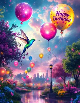 The primary subject of the image is a green butterfly flying in front of a cityscape. The setting is a colorful, pink and purple sky, which creates a vibrant and lively atmosphere. The visual style is a digital art or illustration, showcasing the butterfly and the cityscape in a creative and imaginative manner. The colors and mood of the image are predominantly pink, purple, and green, evoking a sense of joy and celebration.