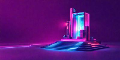 The primary subject of the image is a futuristic building with a pink and blue neon light display. The building is situated on a platform, and the overall atmosphere is vibrant and visually striking. The setting appears to be a futuristic cityscape, and the visual style is a combination of digital art and illustration.