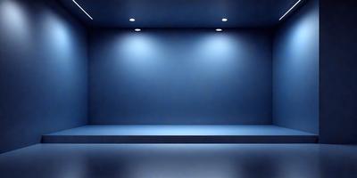 The primary subject of the image is a large, empty room with a blue wall. The setting is a dark room with a blue background, and the visual style appears to be a photo. The room has a blue color scheme, creating a calm and serene atmosphere.