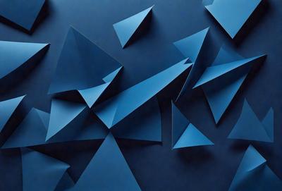 The primary subject of the image is a blue wall with a pattern of triangles. The setting is a dark room, and the visual style appears to be a digital art or illustration. The dominant colors are blue and black, creating a moody atmosphere.