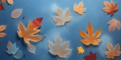 The primary subject of the image is a collection of autumn leaves, which are scattered across a blue surface. The leaves are arranged in various positions, creating a visually appealing scene. The setting appears to be a leather surface, which adds a unique texture to the image. The visual style of the image is a combination of photo and digital art, as it captures the beauty of the autumn leaves in a creative and artistic manner. The colors and mood of the image are predominantly warm and inviting, with