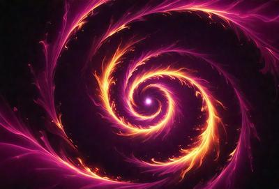 The primary subject of the image is a swirling, spiraling pattern of fire, likely a digital art or illustration. The setting is a dark background, which contrasts with the bright, fiery colors of the swirl. The visual style is a combination of a photo and a digital art or illustration, creating a unique and captivating scene. The colors and mood of the image are predominantly warm and vibrant, with the fire creating a sense of energy and movement.