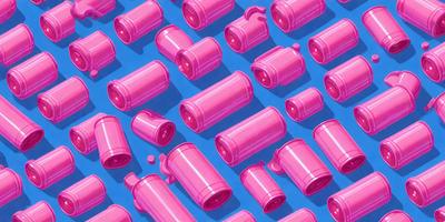 The primary subject of the image is a collection of pink plastic cups. They are arranged in a visually appealing manner, creating a colorful and vibrant scene. The setting is a blue background, which contrasts nicely with the pink cups. The visual style of the image is a combination of digital art and illustration, giving it a unique and eye-catching appearance. The dominant colors in the image are pink and blue, creating a cheerful and lively atmosphere.