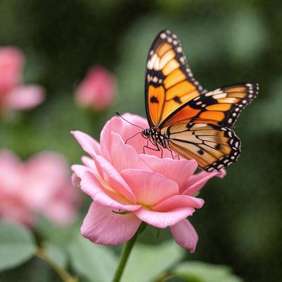 The primary subject of the image is a butterfly perched on a pink flower. The setting is a garden, with the butterfly sitting on a pink rose. The visual style is a photo, capturing the beauty of the butterfly and the flower in their natural environment. The colors and mood of the image are predominantly pink, creating a warm and inviting atmosphere.