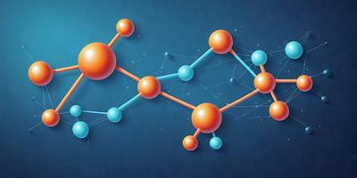 The primary subject of the image is a molecule, which is depicted as a three-dimensional structure with orange and blue colors. The molecule is surrounded by a blue background, giving it a vibrant and eye-catching appearance. The visual style of the image is a combination of digital art and illustration, creating a unique and detailed representation of the molecule. The colors and mood of the image are energetic and dynamic, reflecting the complexity and beauty of the molecular structure.