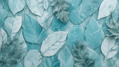 The primary subject of the image is a close-up of a leaf, which is part of a larger pattern of leaves. The setting is a blue and white marble surface, which serves as the background. The visual style is a combination of a photo and digital art, creating a unique and intricate pattern. The colors and mood of the image are predominantly blue and white, giving it a clean and elegant appearance.