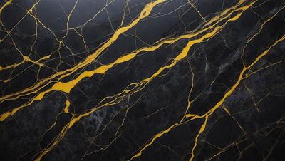 The primary subject of the image is a marble countertop with a yellow and black pattern. The setting is a kitchen, and the visual style is a close-up of the countertop. The dominant colors are yellow and black, creating a bold and striking appearance.