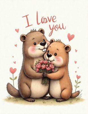 The image features two cute beaver characters holding a bouquet of flowers. They are standing close to each other, with one beaver on the left and the other on the right. The beavers are the primary subjects of the image, and they are surrounded by a lush green field, which serves as the setting. The visual style of the image is a combination of digital art and illustration, creating a whimsical and charming atmosphere. The colors in the image are predominantly shades of green, which adds to