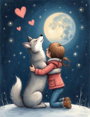 The image features a young girl hugging a large white dog. The scene takes place at night, with a moon visible in the background. The girl is wearing a red jacket, and the dog appears to be a wolf. The overall atmosphere of the image is warm and affectionate, as the girl and the dog share a tender moment together.