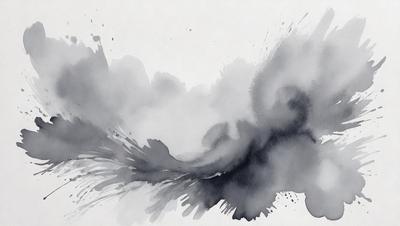 The primary subject of the image is a painting or drawing of a cloud. The setting is a white background, and the visual style appears to be a watercolor or ink drawing. The colors and mood of the image are predominantly gray and moody, giving the impression of a stormy or overcast day.