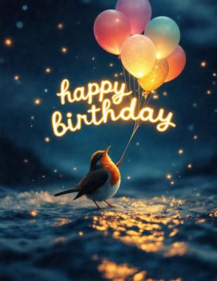 The primary subject of the image is a small bird, which is the main focus of the scene. The bird is perched on a branch and appears to be looking up at a balloon or a floating object. The setting is a dark, possibly nighttime, environment, with the bird being the main subject in the foreground. The visual style of the image is a combination of photo and digital art, creating a unique and artistic representation of the bird and its surroundings. The colors in the image are predominantly dark,
