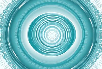 The primary subject of the image is a blue circle with a spiral pattern inside it. The setting is a blue background, and the visual style appears to be a digital art or illustration. The dominant colors are blue and white, creating a calm and serene atmosphere.