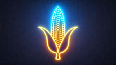 The primary subject of the image is a yellow and orange corn on the cob. The setting is a blue background, which creates a contrasting and visually appealing effect. The visual style is a combination of digital art and illustration, giving the image a unique and creative appearance. The dominant colors are yellow and orange, which evoke a sense of warmth and freshness.