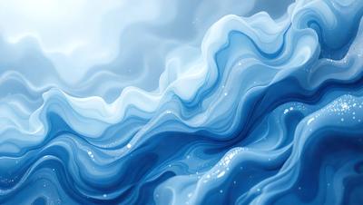 The primary subject of the image is a blue ocean with waves. The setting is a vast body of water, and the visual style is a digital art or illustration. The dominant colors are blue and white, creating a serene and calming atmosphere.