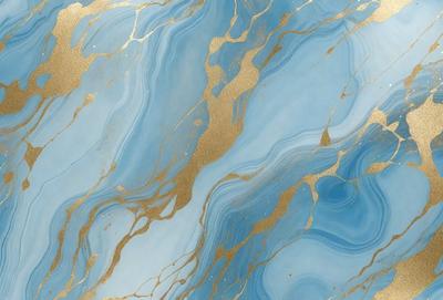 The primary subject of the image is a blue and gold marbled wallpaper. The setting is a room with a blue and gold marbled wallpapered wall. The visual style is a close-up of the wallpaper, showcasing its intricate design. The colors and mood of the image are vibrant and luxurious, with the blue and gold colors creating a sense of sophistication and elegance.