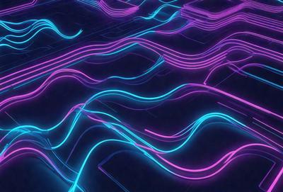 The primary subject of the image is a purple and blue neon light pattern. The setting is a dark background, which contrasts with the bright colors of the neon light. The visual style is a digital art or illustration, as the light pattern appears to be a digital creation. The colors and mood of the image are vibrant and energetic, with the purple and blue neon lights creating a lively atmosphere.