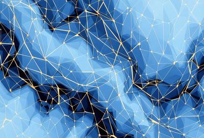 The primary subject of the image is a blue background with a pattern of gold lines. The setting appears to be a futuristic or abstract environment. The visual style is a combination of digital art and illustration, creating a unique and intriguing pattern. The dominant colors are blue and gold, giving the image a calm and sophisticated atmosphere.