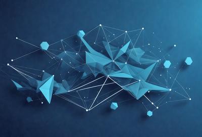The primary subject of the image is a blue geometric pattern, which is the main focus of the image. The setting is a blue background, and the visual style is digital art. The dominant colors are blue and white, creating a calm and soothing atmosphere.