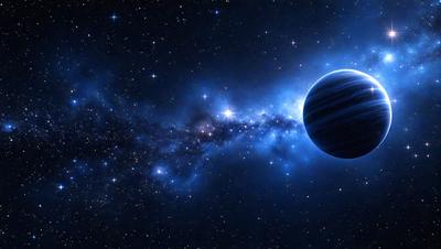 The primary subject of the image is a blue planet, which is the main focus of the scene. The setting is a dark, star-filled sky, with the planet being the only visible object. The visual style is a digital art or illustration, creating a sense of depth and detail in the image. The colors and mood are predominantly dark and moody, with the blue planet standing out against the backdrop of the star-filled sky.