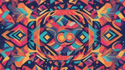 The primary subject of the image is a colorful, abstract design featuring a mix of blue, orange, and yellow colors. The setting is a blue background, and the visual style appears to be a combination of digital art and illustration. The overall atmosphere is vibrant and lively, with the design resembling a kaleidoscope or a colorful pattern.