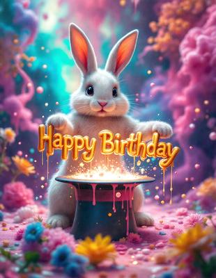 The primary subject of the image is a cute bunny rabbit, which is the main focus of the scene. The bunny is standing on a magical carpet, which serves as the setting for the image. The visual style of the image is a combination of photo and digital art, creating a whimsical and playful atmosphere. The dominant colors in the image are pink and purple, which contribute to the overall mood of the scene.