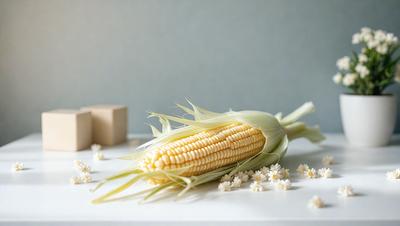The primary subject of the image is a corn on the cob, which is prominently displayed on a white surface. The setting appears to be a table or countertop, and the visual style is a close-up of the corn. The colors in the image are predominantly white, which gives the scene a clean and simple appearance.